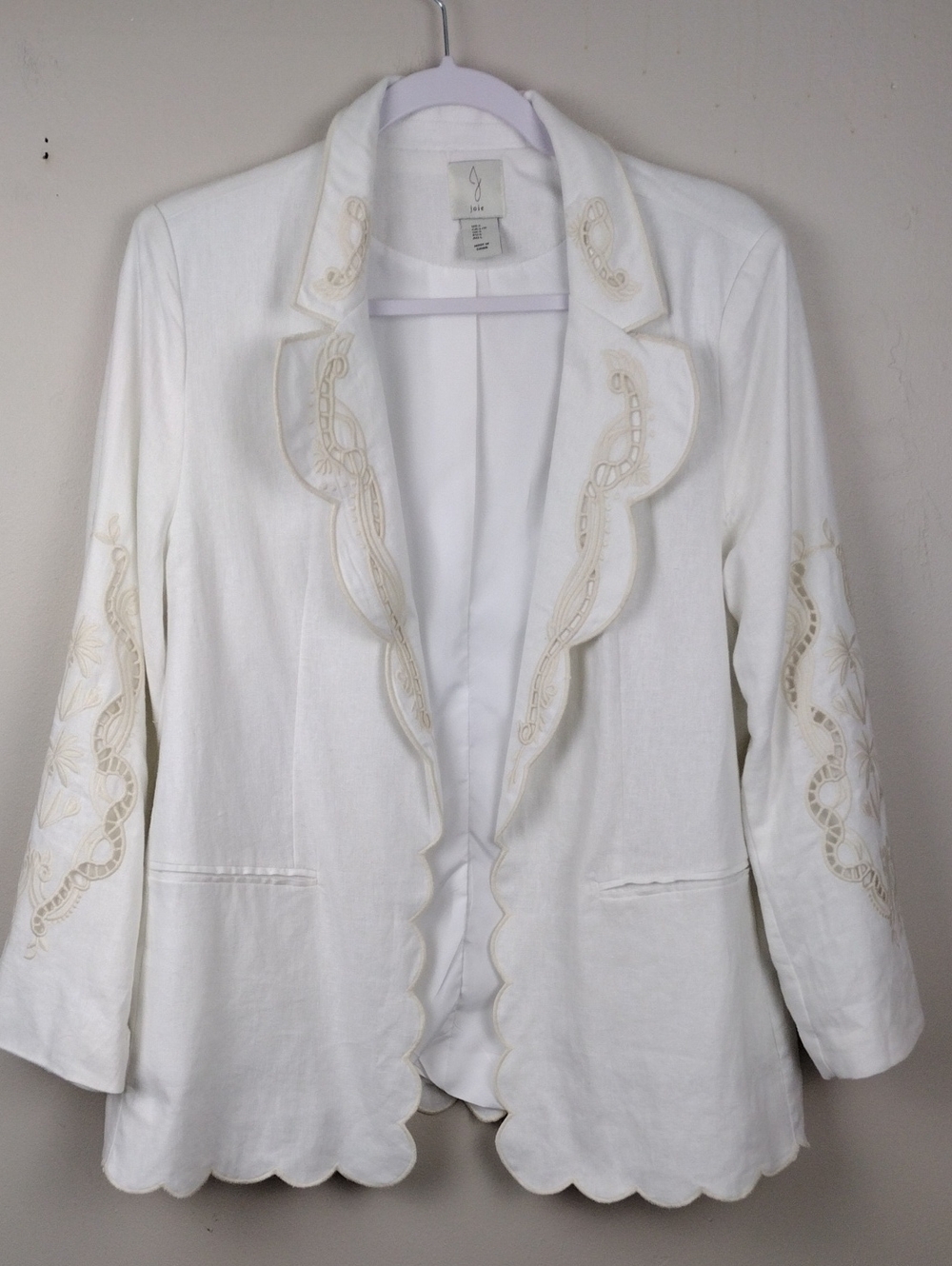 Joie White Linen Blend One Notched Scalloped Edges Long Sleeve Open Front Blazer